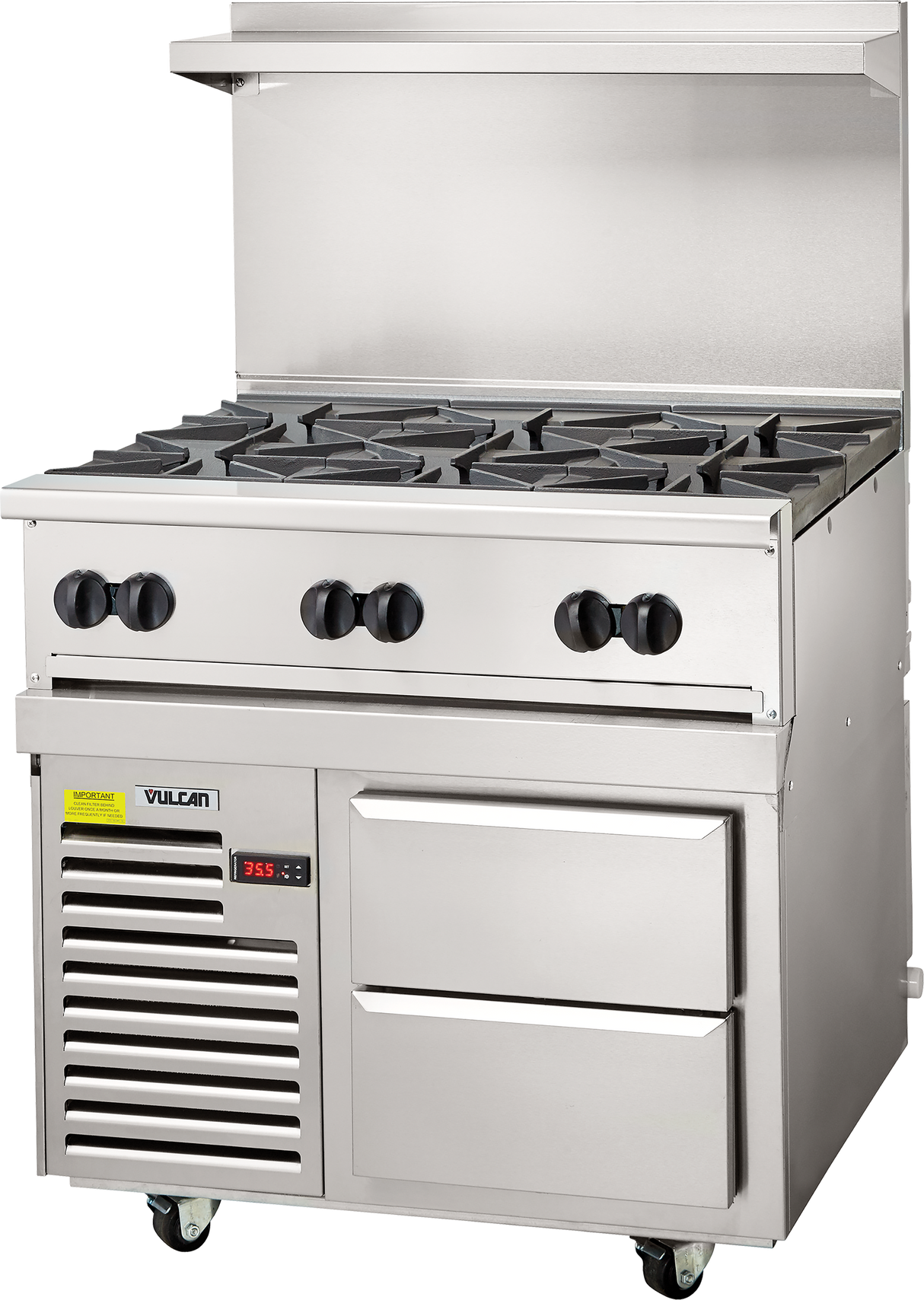 A commercial stainless steel restaurant range featuring six gas burners, four black control knobs, two storage drawers, a digital temperature display, a refrigerated base with a vented unit, raised backsplash, and wheels for easy mobility.