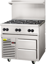 A commercial stainless steel restaurant range featuring six gas burners, four black control knobs, two storage drawers, a digital temperature display, a refrigerated base with a vented unit, raised backsplash, and wheels for easy mobility.