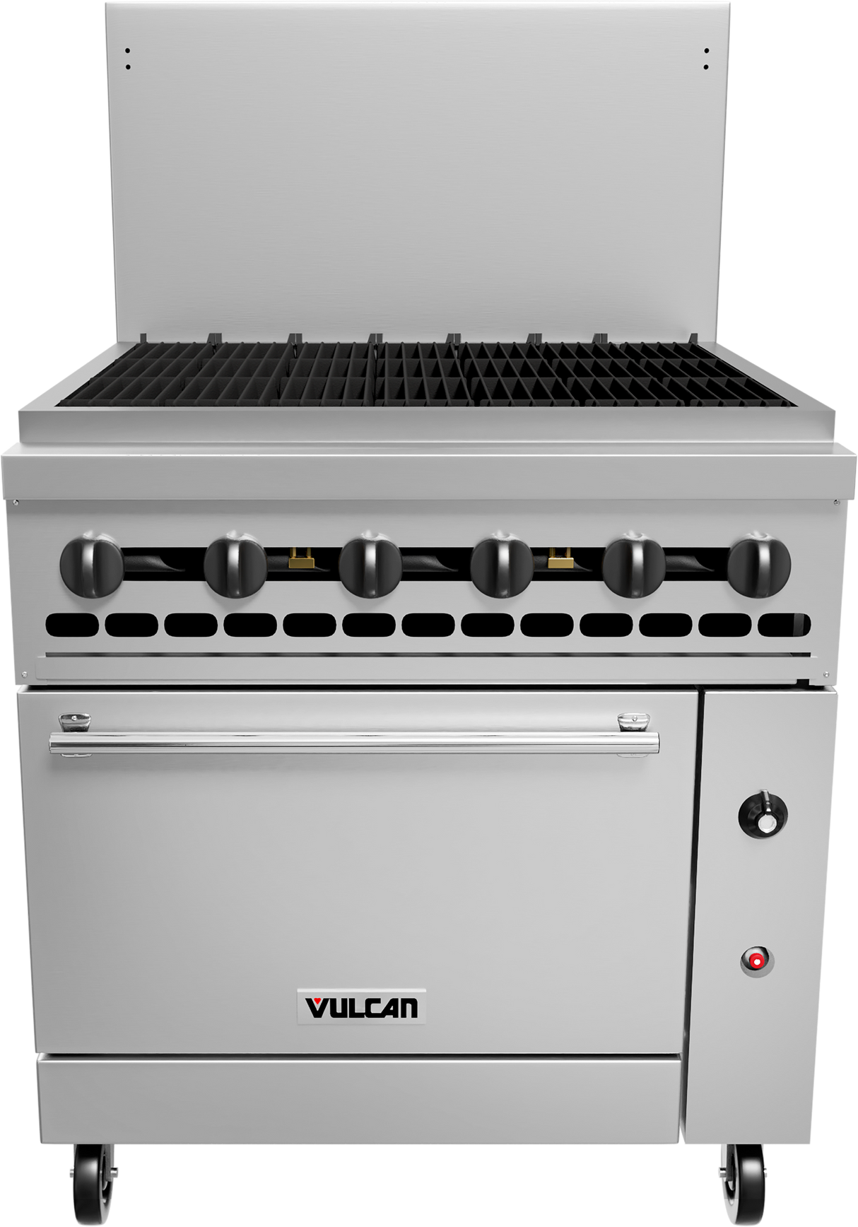 A commercial stainless steel Vulcan natural gas restaurant range with five control knobs, a black grill top, oven door below, and small lockable cabinet on the right. The appliance sits on wheels and has a high backsplash behind the cooktop.
