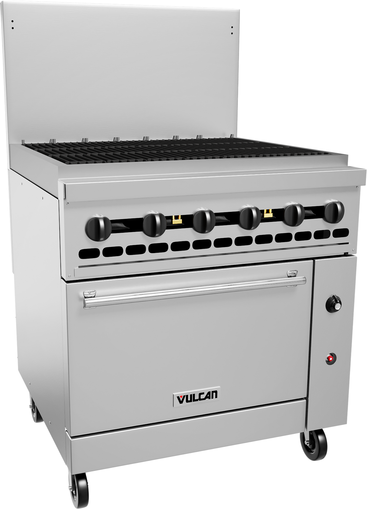A commercial stainless steel Vulcan restaurant range with six black control knobs, a natural gas grill top, an oven below with handle, a backsplash, and four caster wheels for mobility. The Vulcan logo is displayed on the oven door.