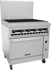 A commercial stainless steel Vulcan restaurant range with six black control knobs, a natural gas grill top, an oven below with handle, a backsplash, and four caster wheels for mobility. The Vulcan logo is displayed on the oven door.