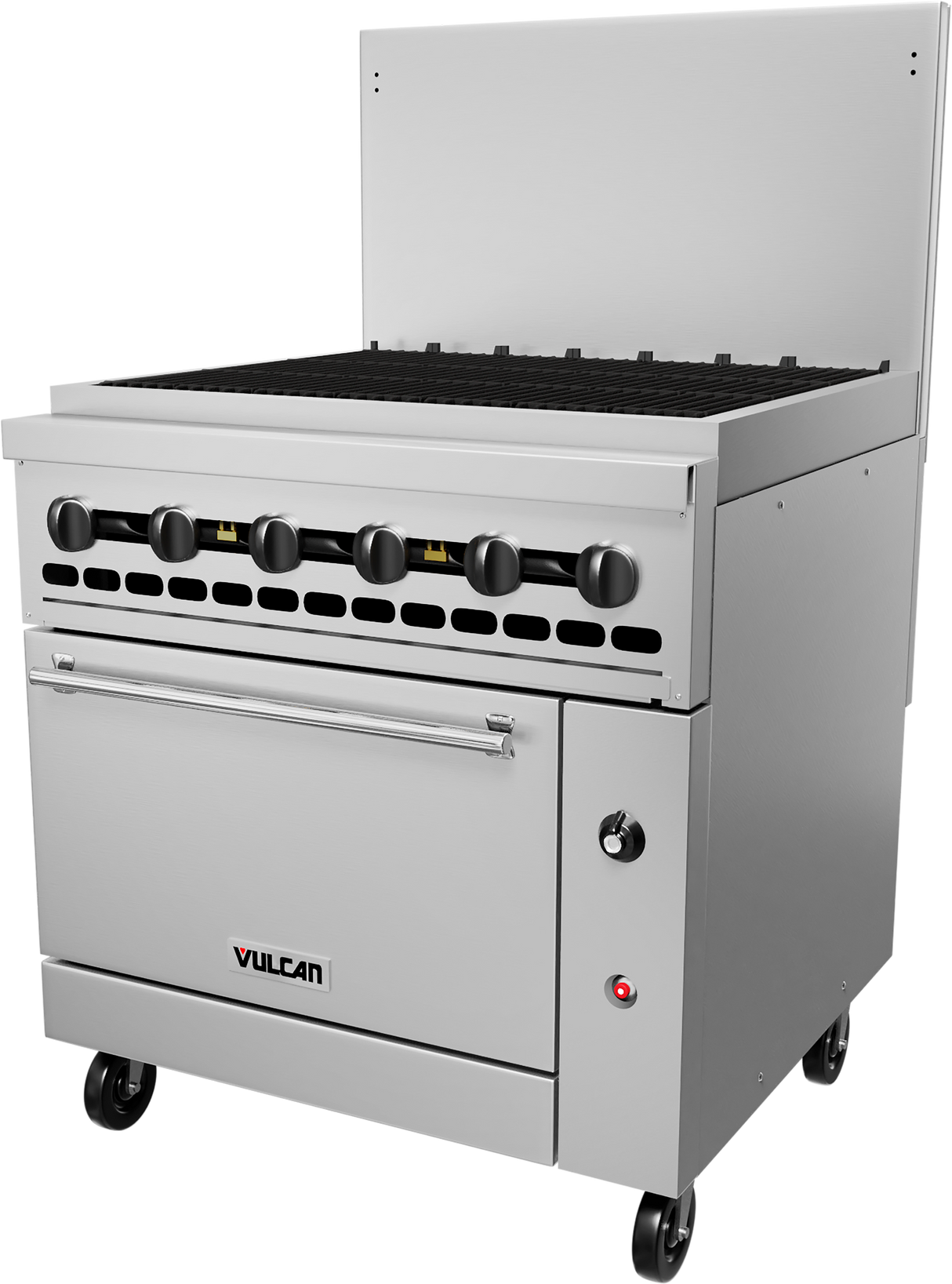 A commercial stainless steel restaurant range with six black control knobs, a large oven door featuring a horizontal handle, raised backsplash, and wheels for mobility. Branded Vulcan on the front, this appliance is perfect for any busy kitchen.