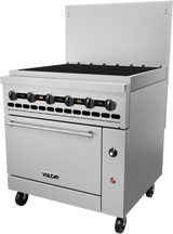 A commercial stainless steel Vulcan restaurant range with six control knobs, a large oven door, ventilation panel, and caster wheels for mobility. The top features a flat, black cooking surface and high backsplash at the rear; operates on natural gas.