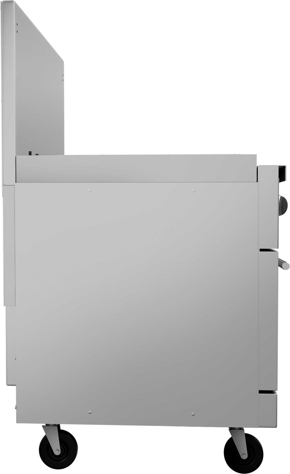 Side view of a stainless steel cart on four black wheels, featuring a flat top surface, a vertically raised back section, and a handle on the right side. The design is plain and industrial, with clean lines and no visible logos or decorations.