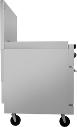 A side view of a gray, rectangular metal cabinet on four black wheels, designed as a restaurant range accessory. The cabinet has a handle and latch on the right side, a vent near the top, and an extended vertical back panel. The background is plain white.