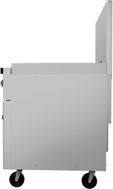 Side view of a gray metal cart with four black wheels, flat surfaces, and squared edges. The cart features a raised panel on one end and showcases an industrial design similar to stainless steel equipment found in professional kitchens.
