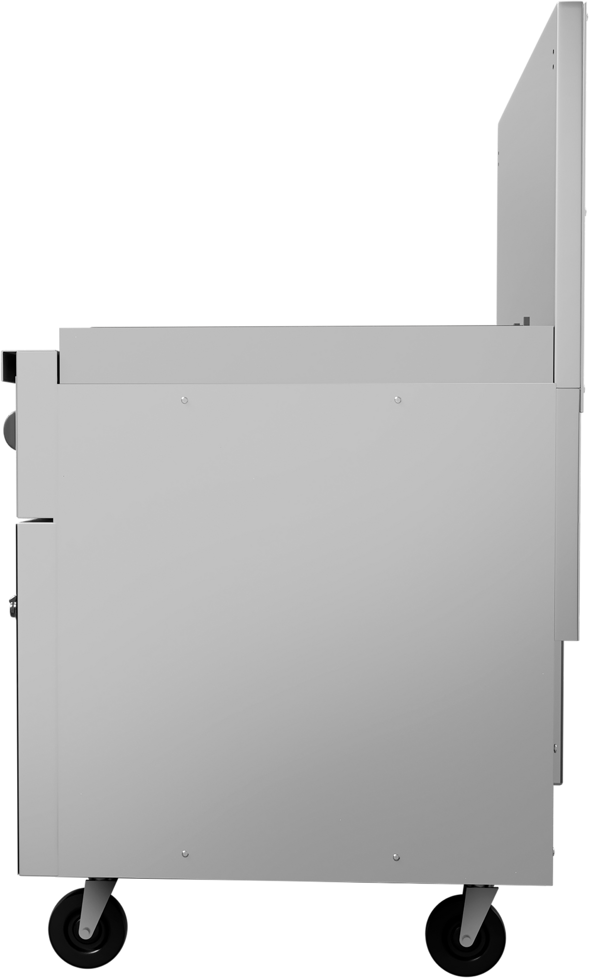A side view of a gray, boxy metal cart with four black wheels, ideal for moving kitchen equipment like a restaurant range or charbroiler. The cart has a vertical back handle and flat top, set against a plain white background.