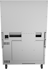 The image shows the back view of a restaurant range on wheels. The metal surface features ventilation holes, a power socket on the left, and several panels with screws. The lower section has extra vents and a central removable panel, ideal for griddle or gas oven use.