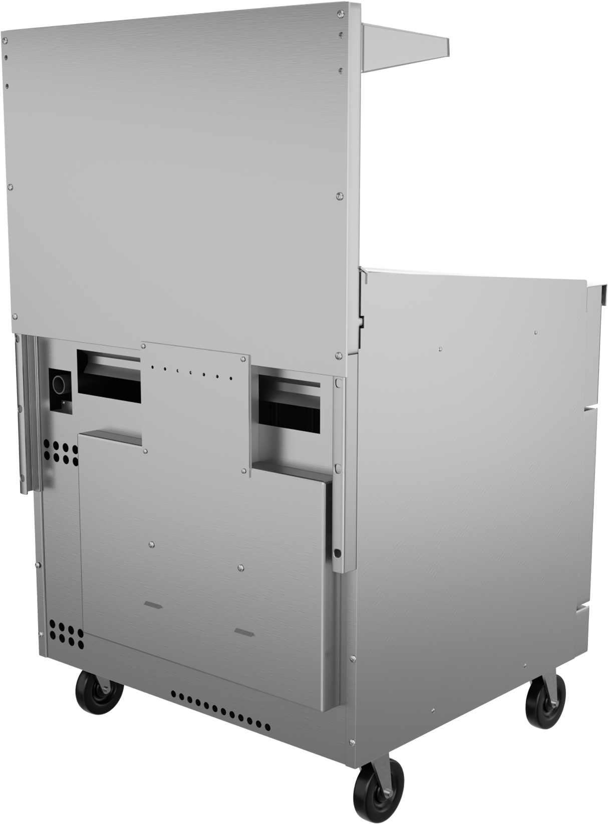 A functional, industrial stainless steel food service cart with four black caster wheels. Features include a tall back panel, side shelf, vented lower section with exposed screws—ideal for use alongside a restaurant range or griddle.