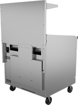 A stainless steel industrial cart with four black wheels, an enclosed back panel, vent holes, and a protruding upper shelf. Its sleek, utilitarian design is perfect for commercial kitchens and pairs well with equipment like a griddle or restaurant range.