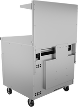 A stainless steel commercial kitchen cart on four wheels, shown from the back. The cart resembles those used near a restaurant range, featuring a tall rear panel with vents, various compartments, and a flat top shelf in a modern, industrial design.