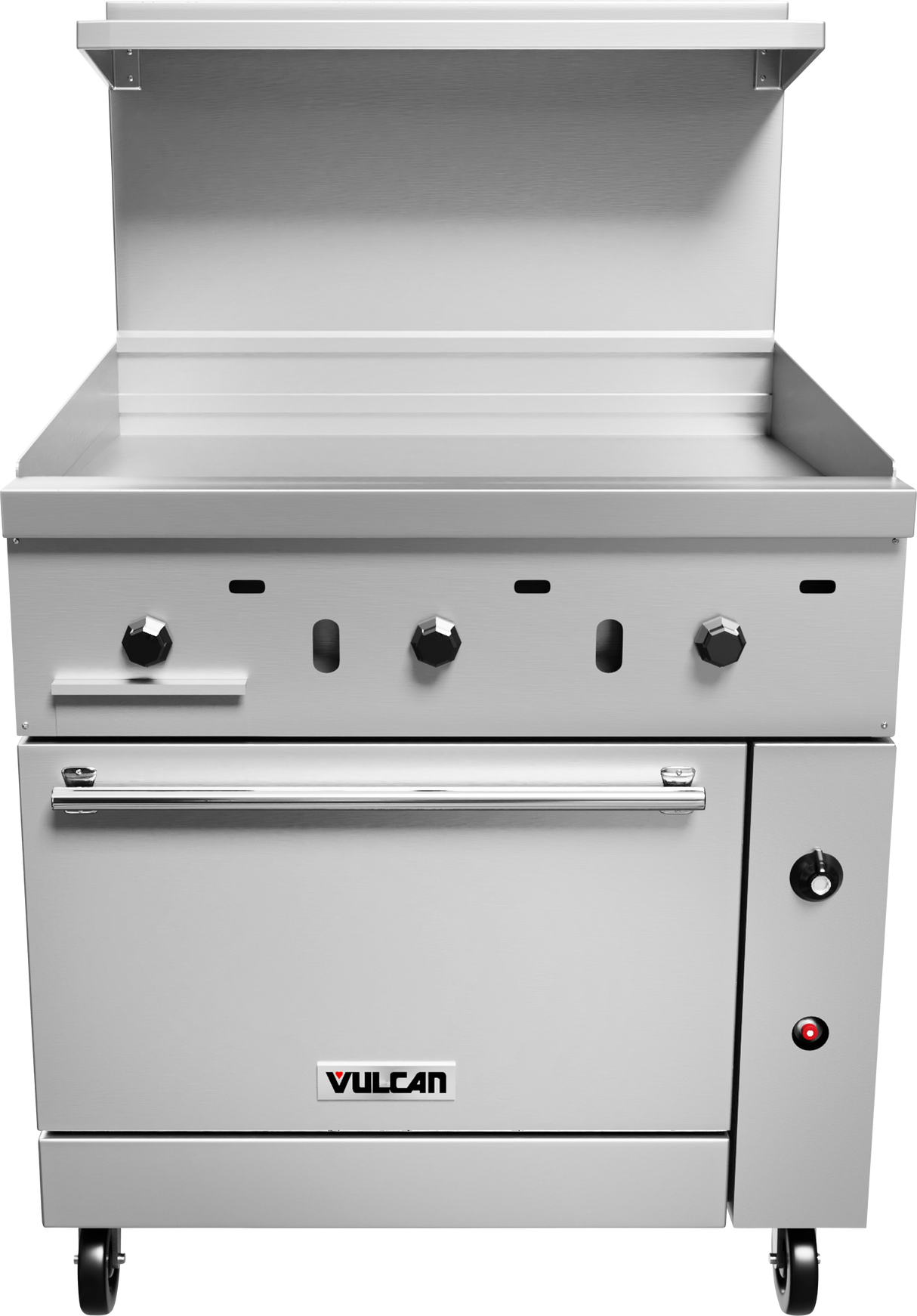 A commercial stainless steel Vulcan restaurant range with a griddle features three control knobs, a flat cooking surface, a gas oven below with handle, safety valve knob on the right, raised rear backsplash, and caster wheels for mobility.