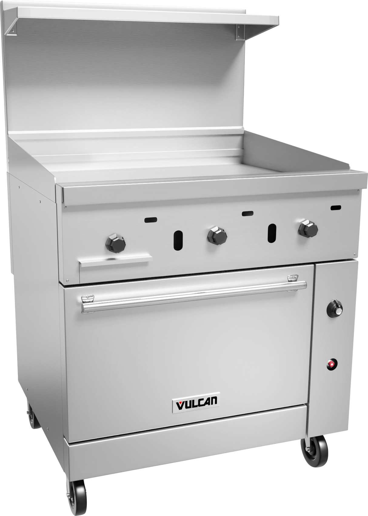 A commercial stainless steel Vulcan gas griddle with three control knobs, a flat cooking surface, a lower standard oven compartment, and a shelf above. This restaurant range is on caster wheels for mobility and features a modern, industrial design.
