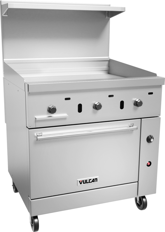 A commercial stainless steel Vulcan gas griddle with three control knobs, a flat cooking surface, a lower standard oven compartment, and a shelf above. This restaurant range is on caster wheels for mobility and features a modern, industrial design.