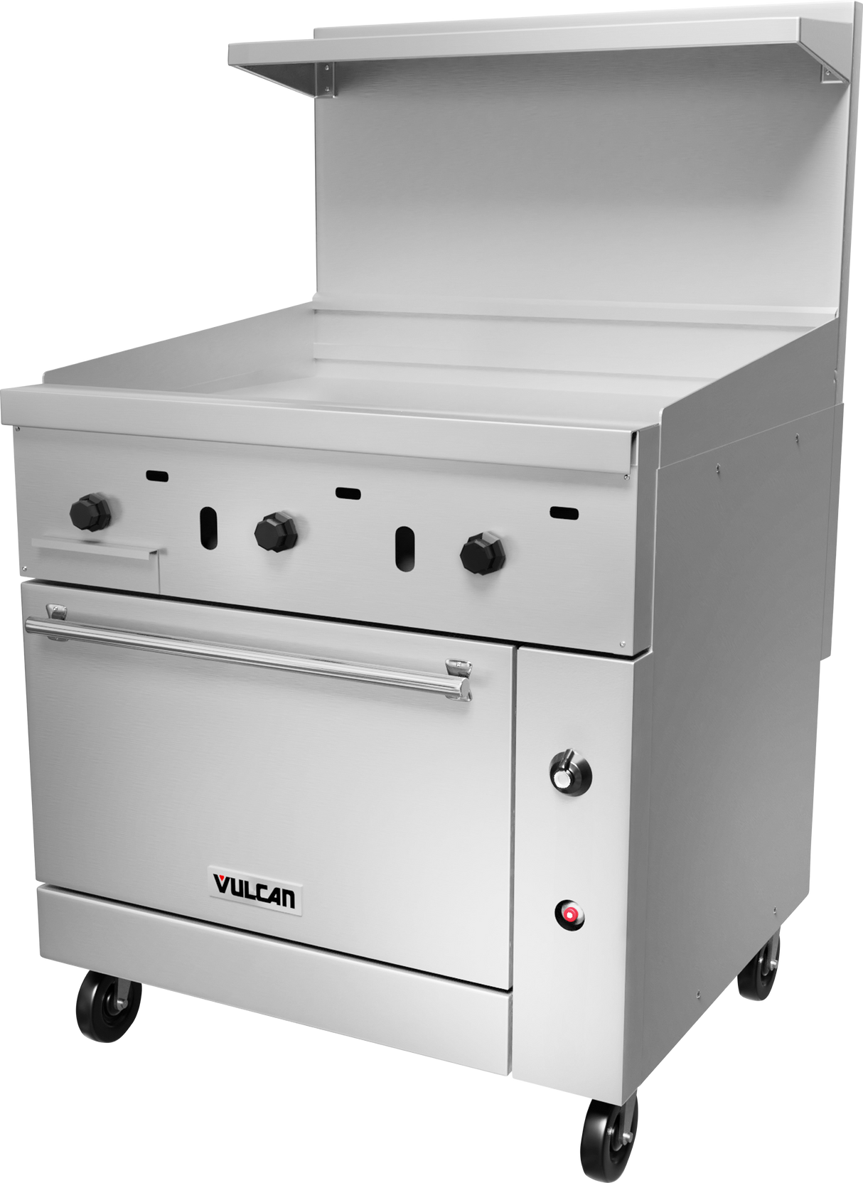 A commercial stainless steel restaurant range with a flat griddle top, three control knobs, a gas oven below, high backsplash, and a shelf above. The unit is on wheels and features the Vulcan logo on the oven door.