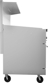 A sleek, stainless steel cart with two black wheels, viewed from the side. Featuring a top shelf and a back handle, it pairs perfectly with any restaurant range or gas oven, adding to its modern, industrial appeal.