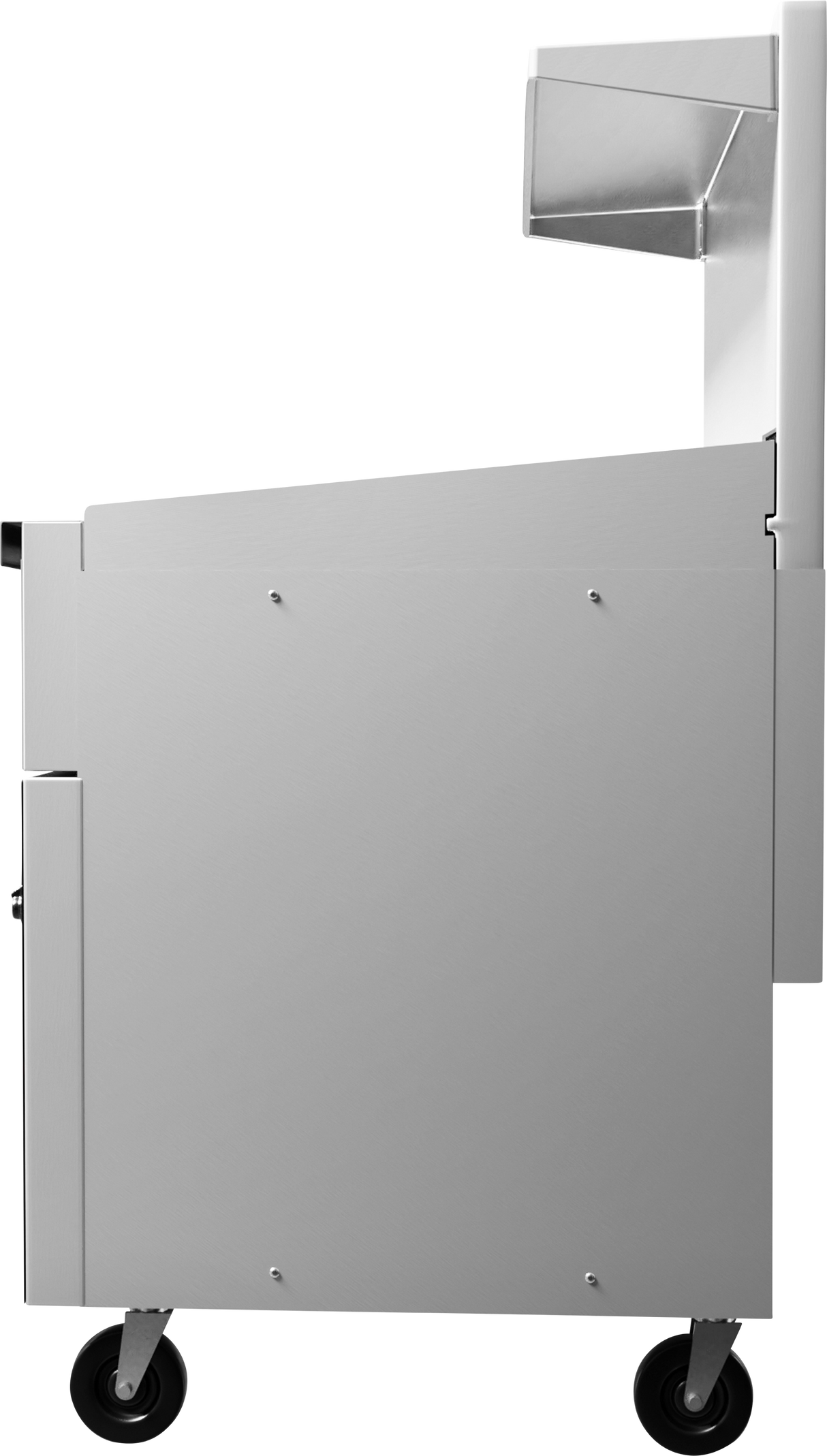 A side view of a sleek, stainless steel cart with four black wheels. The top section resembles an elevated griddle platform, while the main body has a smooth, metallic surface with visible screws. The background is white.