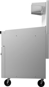 A side view of a sleek, stainless steel cart with four black wheels. The top section resembles an elevated griddle platform, while the main body has a smooth, metallic surface with visible screws. The background is white.