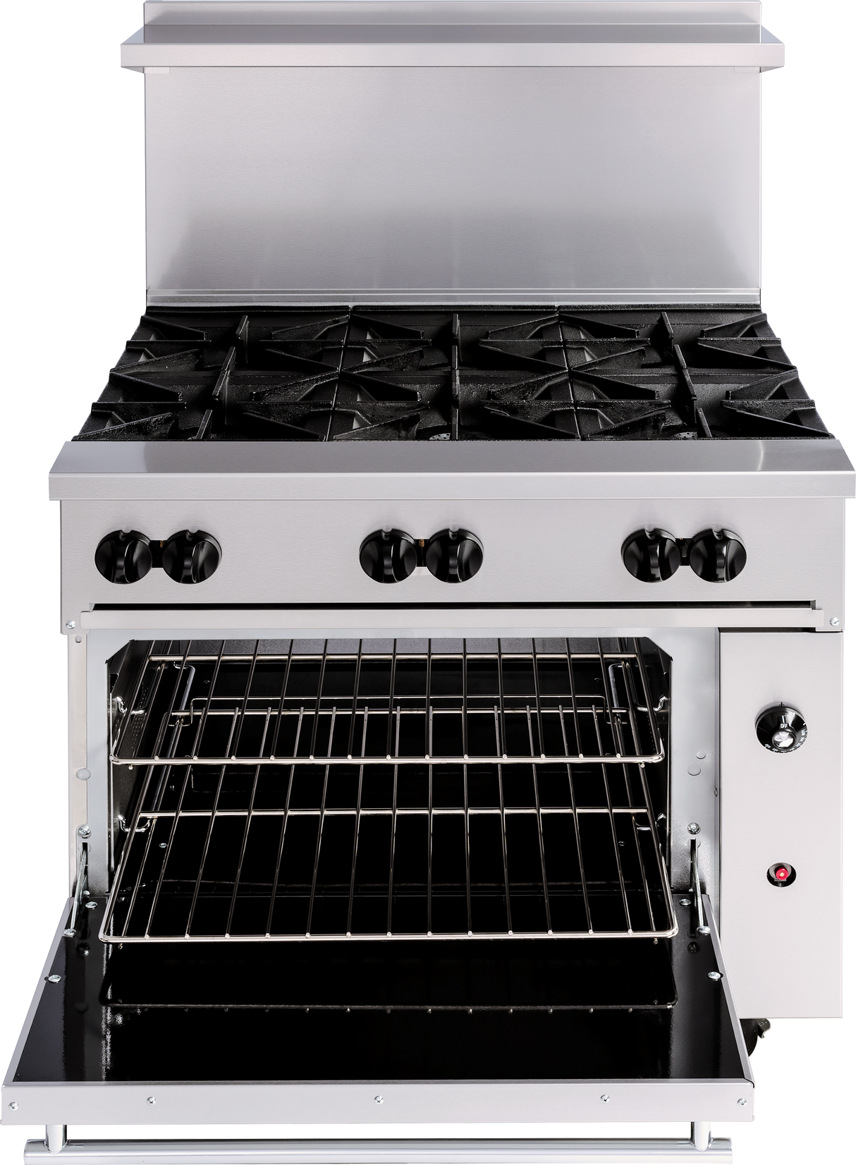 A commercial stainless steel restaurant range features 6 burner grates on top and a spacious oven below. The oven door is open, showing two metal racks. Four control knobs, plus a fifth for LP gas and an indicator light, are on the front panel.