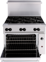 A commercial stainless steel restaurant range with 6 burner grates on top and four control knobs on the front. The oven door is open, showing two metal racks inside. The appliance uses LP gas and features a shiny backsplash with a side control panel.