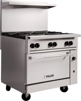 A stainless steel Vulcan restaurant range with four burners, large control knobs, an oven below, a backsplash, a shelf above, and wheels for mobility. Operates on LP gas. The background is plain white.
