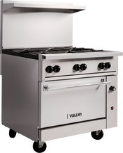 A stainless steel Vulcan restaurant range with four burners, large control knobs, an oven below, a backsplash, a shelf above, and wheels for mobility. Operates on LP gas. The background is plain white.