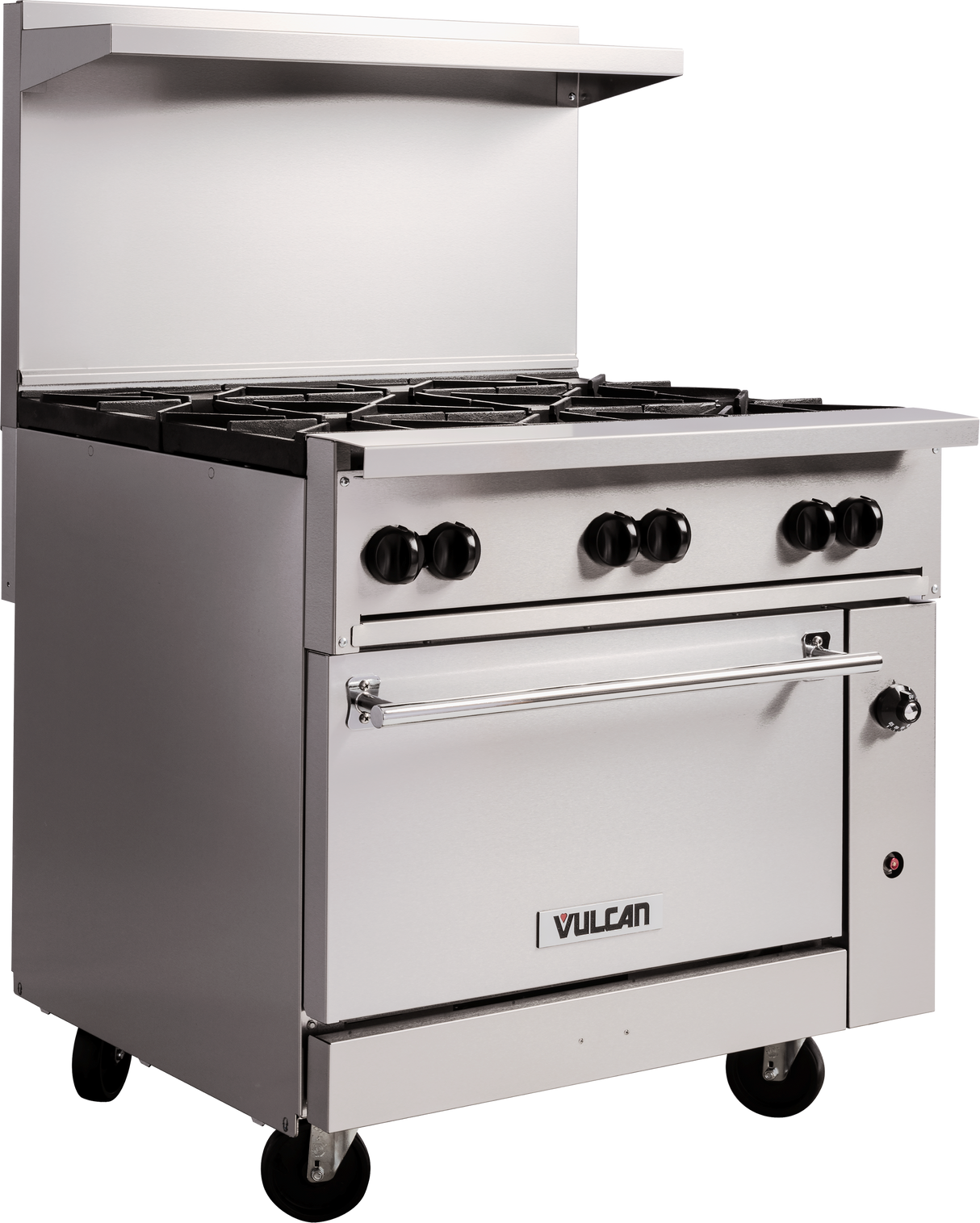A commercial stainless steel restaurant range with four burners, black control knobs, an oven beneath, a backsplash, and an overhead shelf. The appliance is on wheels, features Vulcan branding on the oven door, and has a plain neutral background.