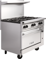 A commercial stainless steel restaurant range featuring 6 burners, four black control knobs, a large oven door with handle, backsplash, and wheels for mobility. The “Vulcan” brand appears on the front panel. Ideal for natural gas kitchens.