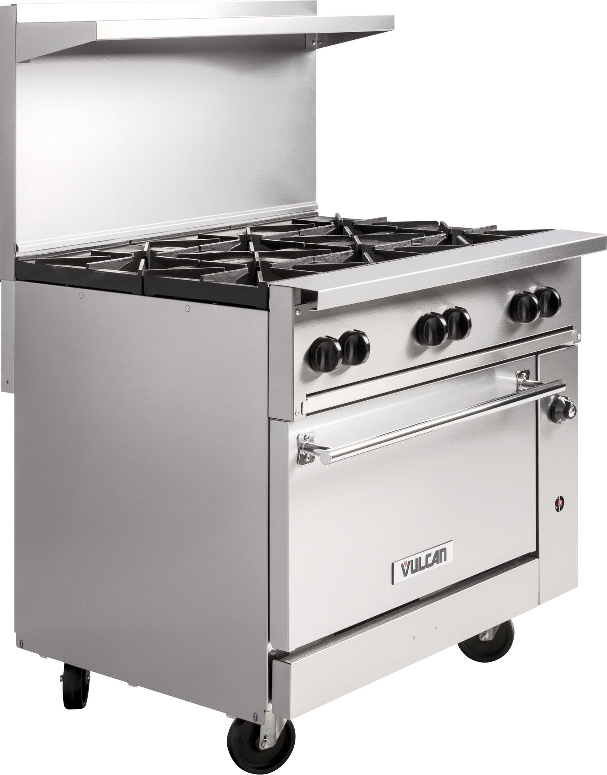 A 36 inch commercial stainless steel restaurant range with six burners, black control knobs, a spacious oven below, metal backsplash, and caster wheels for mobility. LP gas powered. The Vulcan brand name is featured on the oven door.