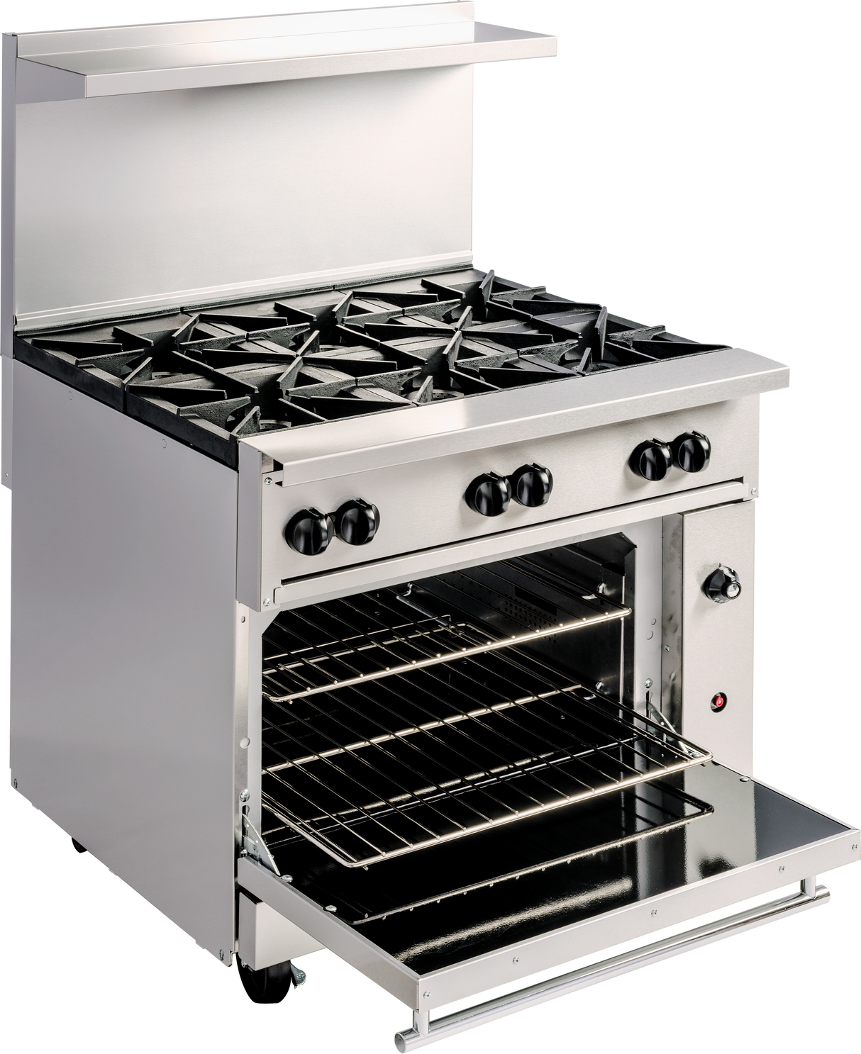 A stainless steel restaurant range featuring 6 burner grates, four front control knobs, and an open oven door with multiple wire racks; the stove includes a backsplash and a shelf above the burners.