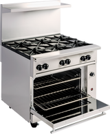 A stainless steel restaurant range featuring 6 burner grates, four front control knobs, and an open oven door with multiple wire racks; the stove includes a backsplash and a shelf above the burners.