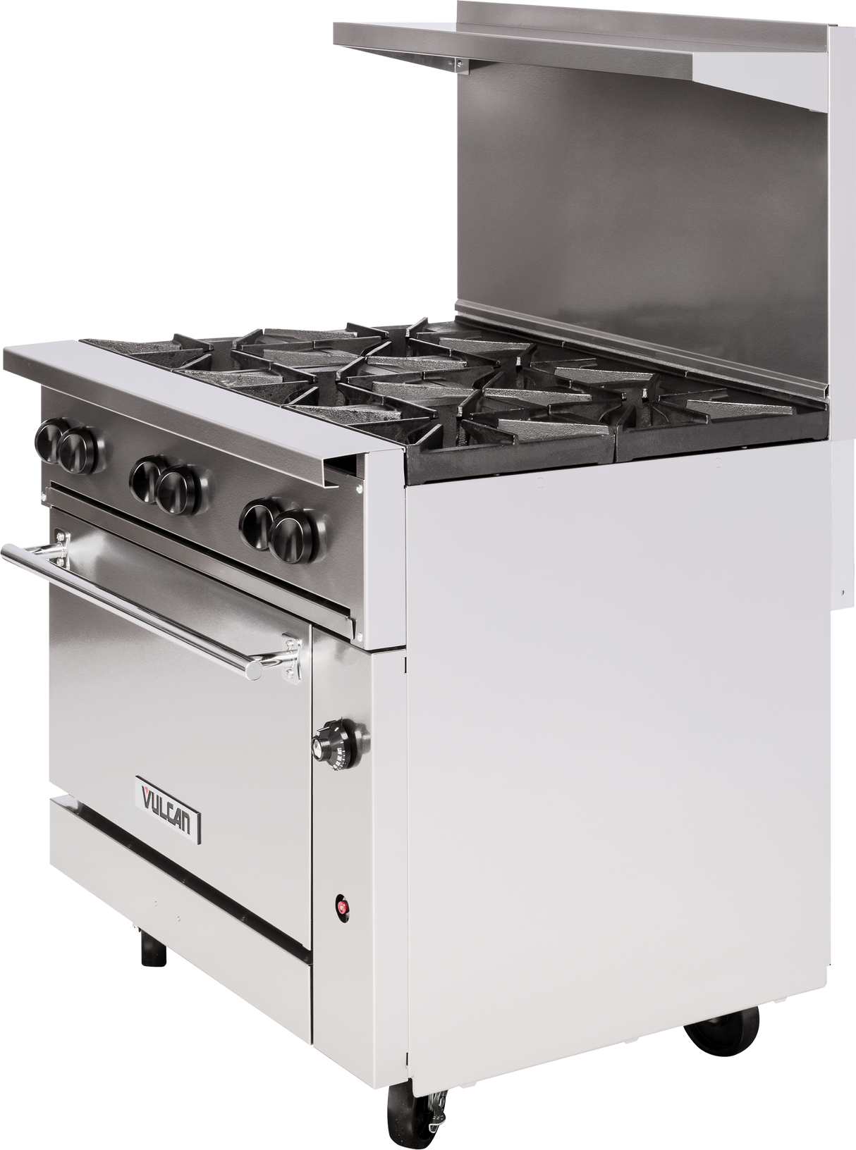 A commercial stainless steel restaurant range with six burners, black control knobs, an oven below, stainless oven handle, raised backguard, and LP gas compatibility. “Vulcan” branding on the mobile appliance’s oven door.