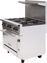 A commercial stainless steel restaurant range with six burners, black control knobs, an oven below, stainless oven handle, raised backguard, and LP gas compatibility. “Vulcan” branding on the mobile appliance’s oven door.