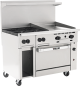 A commercial 48 inch gas range with four burners, a griddle oven combo, control knobs, an oven below labeled “Vulcan,” open storage space, backsplash, and wheels—making it the perfect restaurant range for any busy kitchen.