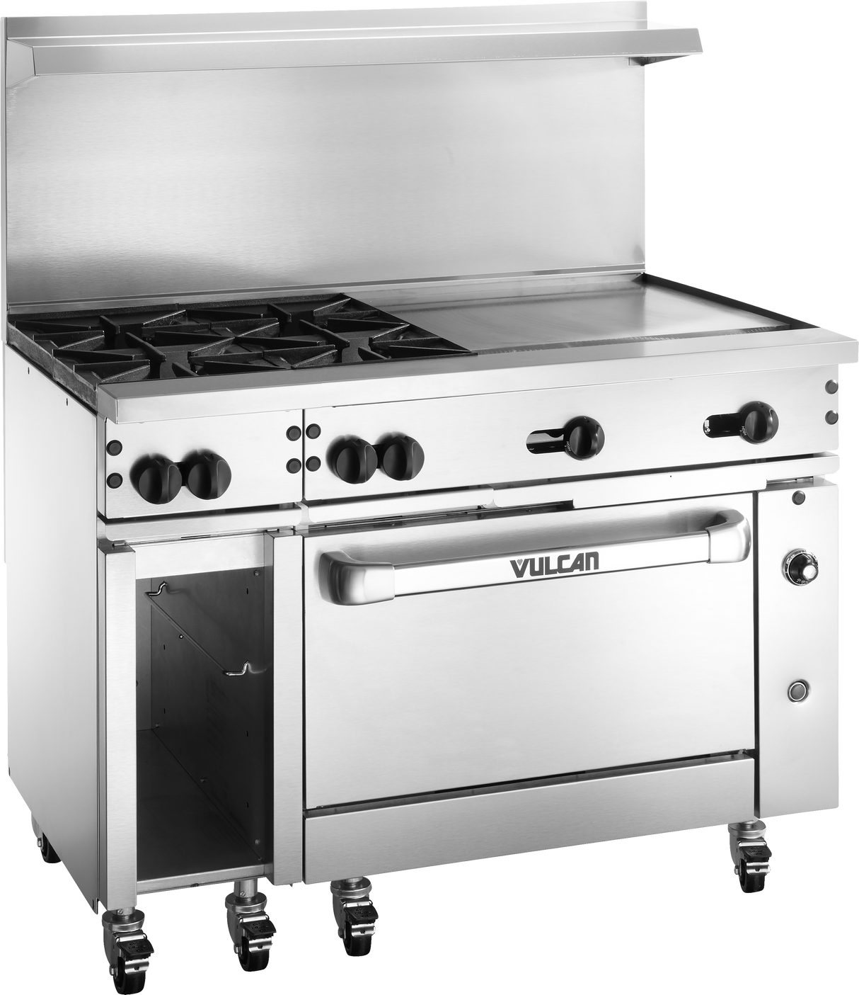 A commercial stainless steel restaurant range with four black gas burners, a flat griddle oven, control knobs, oven below with “Vulcan” logo on the door, side storage, backsplash, and casters for mobility.