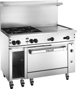 A commercial stainless steel restaurant range with four black gas burners, a flat griddle oven, control knobs, oven below with “Vulcan” logo on the door, side storage, backsplash, and casters for mobility.