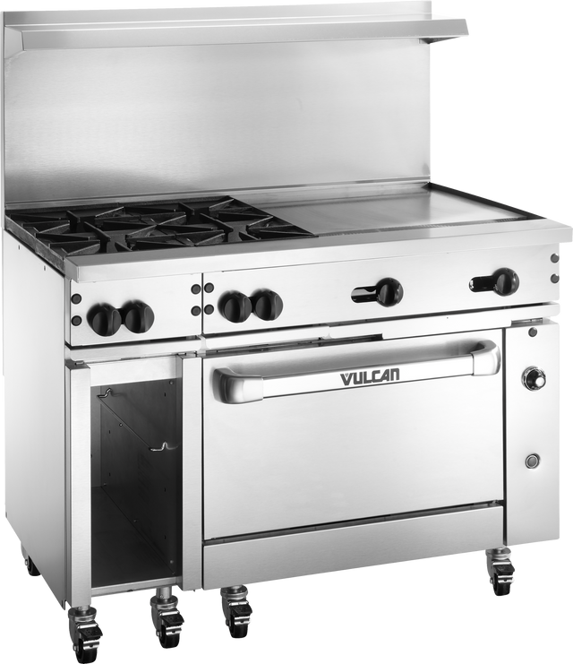 A commercial stainless steel restaurant range with four black gas burners, a flat griddle oven, control knobs, oven below with “Vulcan” logo on the door, side storage, backsplash, and casters for mobility.