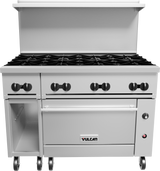 A commercial stainless steel restaurant range with six gas burners, a large oven, side compartment, black control knobs, overhead shelf, and wheels for mobility. Its clean, modern design is ideal for professional kitchens.