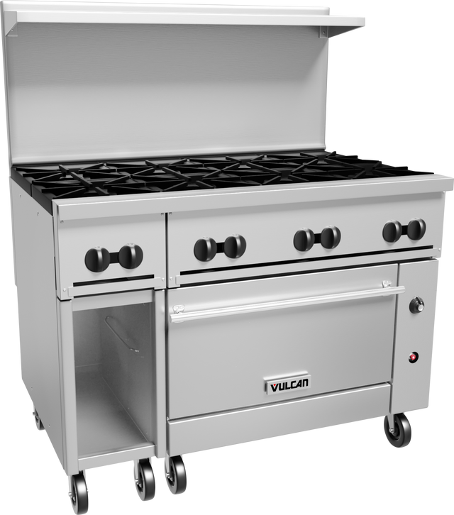 A large stainless steel restaurant range on wheels with six black burner knobs, six gas burners on top, an oven below, open storage on the left, and a raised backsplash panel. The Vulcan brand is visible on the oven door.