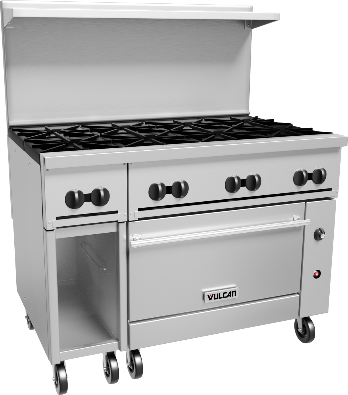 A commercial restaurant range with six gas burners, black control knobs, a stainless steel oven below, and open storage on the left. Features include a backsplash, Vulcan branding on the front, and four caster wheels for easy mobility.