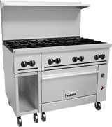 A commercial restaurant range with six gas burners, black control knobs, a stainless steel oven below, and open storage on the left. Features include a backsplash, Vulcan branding on the front, and four caster wheels for easy mobility.