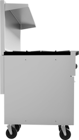 A stainless steel restaurant range is shown from the side, featuring four gas burners on top, a control knob, an elevated back guard, and four caster wheels for mobility; the background is plain and white.