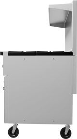 Side view of a stainless steel cart with four black wheels. The minimalist, industrial design features a flat top with raised black elements, echoing restaurant range gas burners, and a shelf or enclosure at the back against a white background.