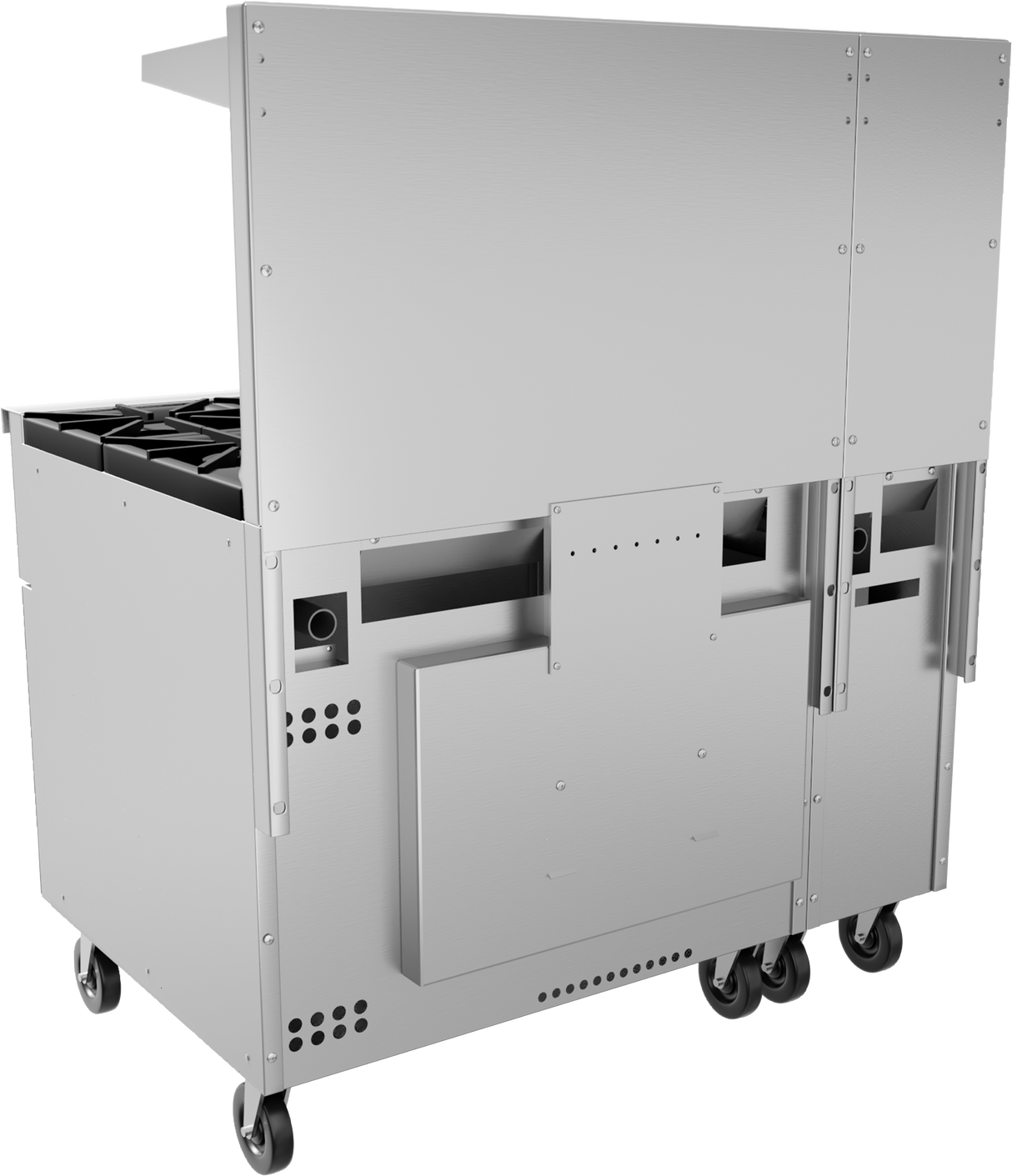 A large stainless steel restaurant range with four wheels, a vented lower section, side compartments, and a flat top. The back panel features vents and a rectangular panel, suggesting it’s likely a mobile cooking or prep unit with gas burners.