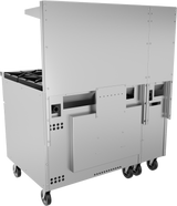 A large stainless steel restaurant range with four wheels, a vented lower section, side compartments, and a flat top. The back panel features vents and a rectangular panel, suggesting it’s likely a mobile cooking or prep unit with gas burners.