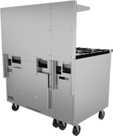 A large stainless steel commercial restaurant range on wheels, viewed from the back and side. The unit features ventilation slots, handles, gas burners on the flat top with a stove grate partially visible. The design is industrial and functional.