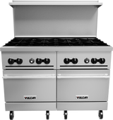 A commercial stainless steel restaurant range featuring eight gas burners with black grates, six control knobs, and two large standard ovens below on four wheels. A backguard rises above the cooktop. The brand Vulcan appears on both oven doors.