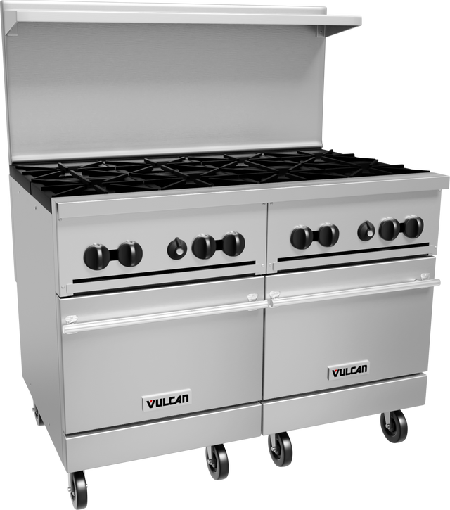 A large, stainless steel restaurant range with eight gas burners, black control knobs, two oven doors, a backsplash, and wheels for mobility. The brand name “Vulcan” appears on each oven door of this commercial unit.