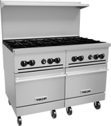 A large, commercial stainless steel restaurant range with eight gas burners, two standard ovens below, black control knobs, a raised back guard, and four caster wheels for mobility. The brand name Vulcan is visible on both oven doors.
