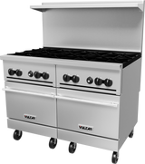 A commercial stainless steel Vulcan restaurant range with six burner knobs, six gas burners on top, two standard ovens below, a backsplash, and four wheels for mobility. The appliance features a professional design for heavy-duty kitchen use.